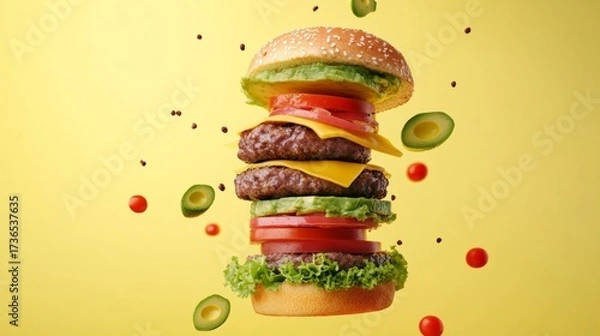 Fototapeta Delicious stacked burger with sesame seed bun, fresh vegetables, melted cheese, and avocado, floating against a vibrant yellow background, showcasing appetizing food presentation