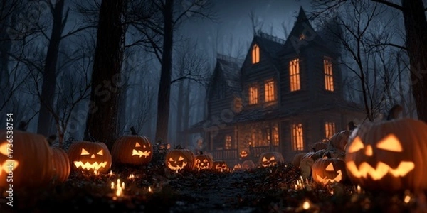 Obraz A spooky halloween scene with pumpkins and a haunted house in a dark and eerie forest setting