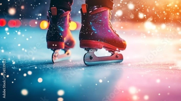 Fototapeta Colorful ice skates on a frozen rink, with snowflakes gently falling and vibrant lights in the background, capturing the essence of winter sports and joyful movement