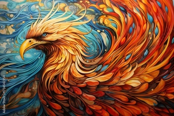 Fototapeta Vibrant phoenix illustration with flowing feathers in shades of orange, red, and blue, symbolizing rebirth and transformation in a dynamic artistic style