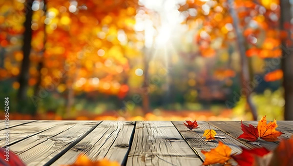 Fototapeta Wooden table with autumn leaves in a sunlit forest background
