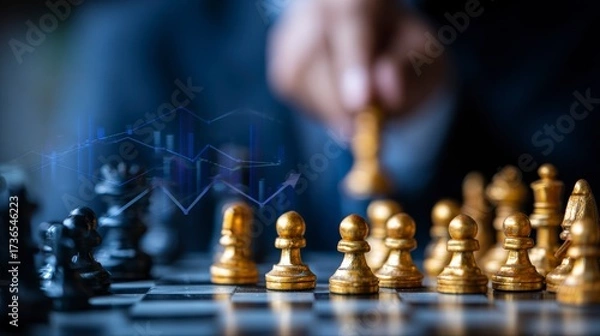 Obraz A hand moving a chess piece on a chessboard with financial graph overlaying the chess game strategy