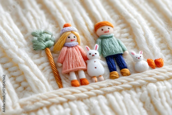 Fototapeta Colorful embroidery art featuring two cheerful characters with rabbits and a palm tree, showcasing intricate stitching details and playful design elements in a cozy textile setting