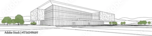 Fototapeta Modern Building Exterior, Line Drawing of a Commercial Structure