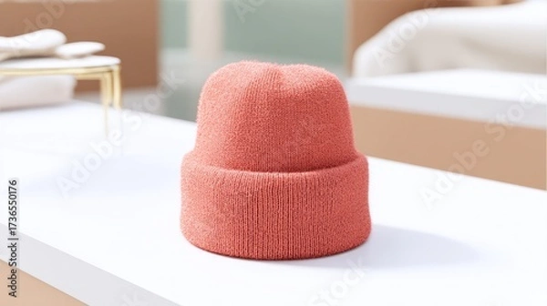 Fototapeta Coral knitted beanie hat