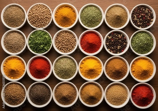 Fototapeta Overhead view of a wooden table filled with small white bowls containing a colorful assortment of various spices and herbs