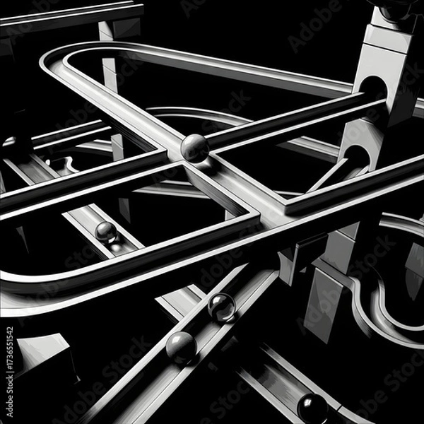 Fototapeta Intricate abstract black and white photograph of a complex marble run system with multiple tracks and rolling spheres