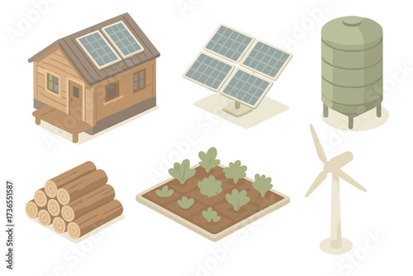 Obraz Isometric Off-Grid Living. Isometric vector illustration set Off-grid living: solar cabin, panel array, water tank, wind turbine,