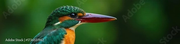 Obraz Close-up of a green kingfisher's head, intense gaze, avian photography, nature