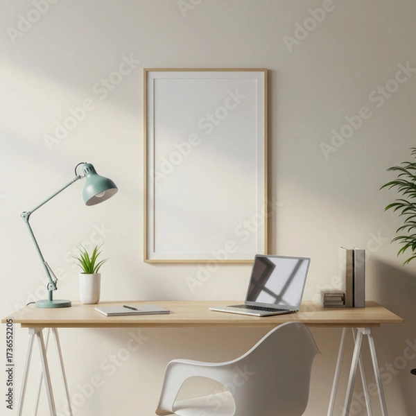 Fototapeta A Scandinavian Style Interior with a Home Office Mockup Scene.