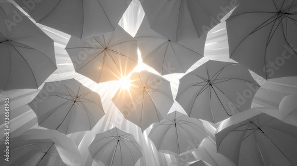 Fototapeta Umbrella Sky: An overhead shot captures a mesmerizing array of open umbrellas suspended in the air, with sun peering through to create a radiant burst of light, casting the world in a new.