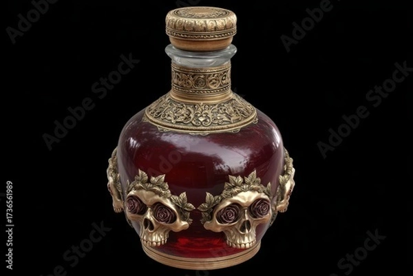 Obraz Ornate human skull shaped decanter bottle filled with dark red liquid intricate metalwork detail