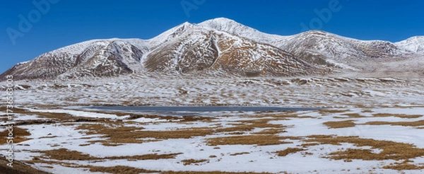 Fototapeta Panorama of a snow-capped mountain against a blue sky