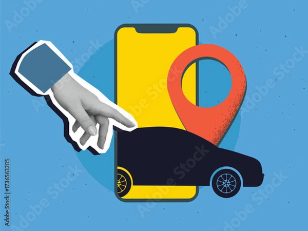 Fototapeta Black and white hand touches a black car silhouette coming out of smartphone screen with a red destination pin mark. Modern collage style. Vector illustration