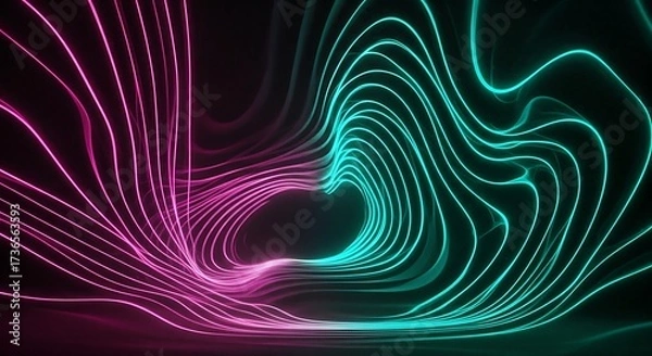 Fototapeta Abstract flowing neon light trails in vibrant pink and teal create a mesmerizing futuristic tunnel effect against a dark background evoking a sense of motion and digital energy