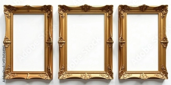 Fototapeta Collection of antique golden frames, pristine white background, background, illustration