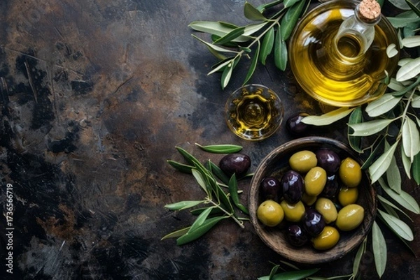Fototapeta Olive oil in a glass bottle, surrounded by fresh olives and olive leaves, arranged on a rustic wooden table, showcasing natural ingredients and culinary elements