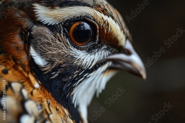 Fototapeta Close-up of a beautifully detailed bird with vibrant plumage and striking eye, showcasing intricate feather patterns and textures in a natural setting, emphasizing wildlife beauty