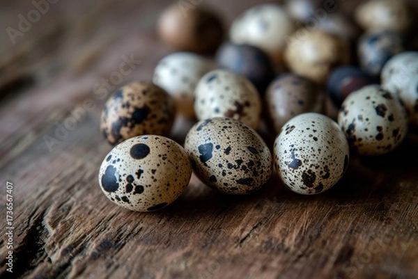 Fototapeta Quail eggs with unique speckled patterns are arranged on a rustic wooden surface, showcasing their natural beauty and texture in a warm, inviting setting