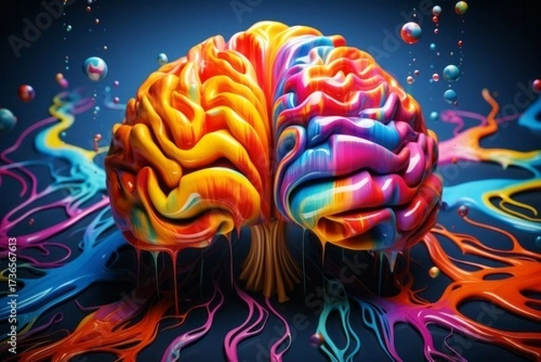 Fototapeta Vibrant brain illustration with colorful paint splashes and fluid dynamics, showcasing creativity and imagination in a visually striking abstract representation of thought processes