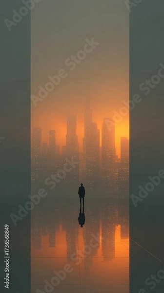 Fototapeta Employee Looking Out at a Hyper-Realistic Cityscape During Sunset with Reflection and Atmosphere of Engagement