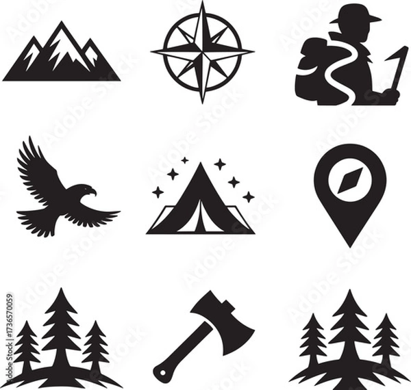 Obraz Black icons of mountains compass hiker eagle tent axe and trees vector