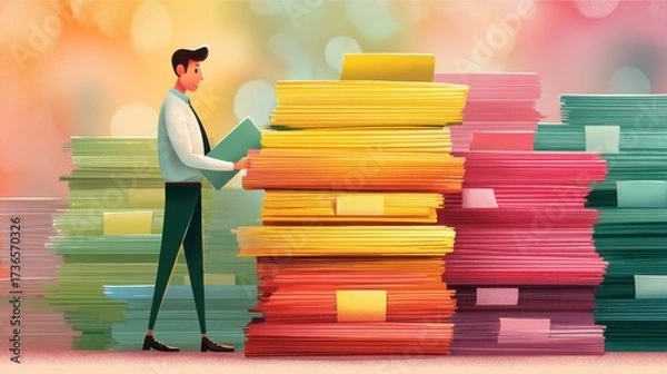 Fototapeta Engaged Employee Evaluating Colorful Paperwork in a Dynamic Office Environment with Stylized Design Elements