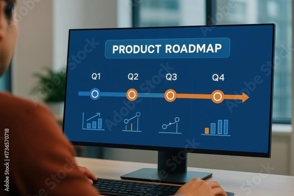 Fototapeta Product roadmap development in a business environment visual representation of quarterly progress digital workspace analytical viewpoint