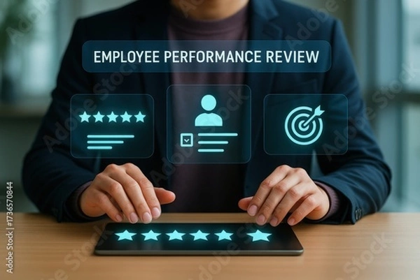 Fototapeta Conducting employee performance review office setting digital interface professional environment close-up view evaluation process