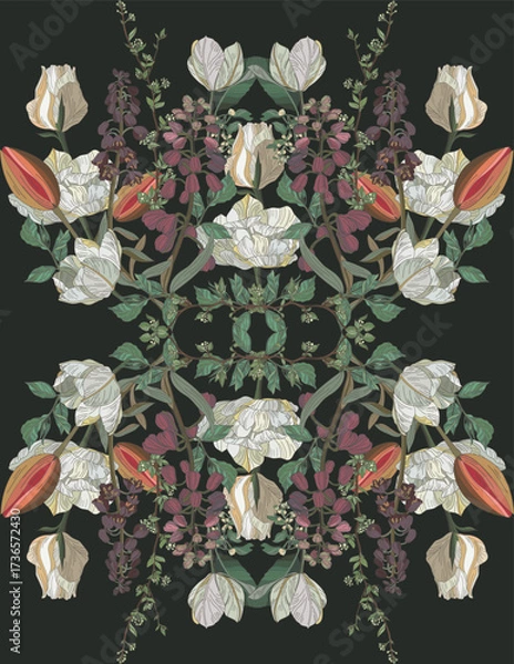 Obraz Vintage style flowers and leaves, seamless pattern on brown background	