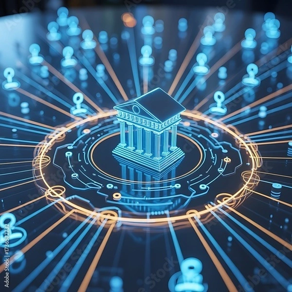 Obraz Glowing digital bank building surrounded by connected human icons and circuit board lines technology