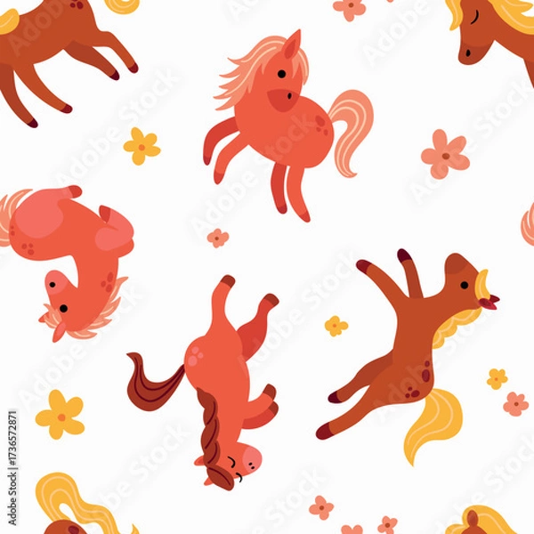 Fototapeta Seamless Pattern with Horses and Flowers. Design for fabric, textile, wallpaper, packaging	