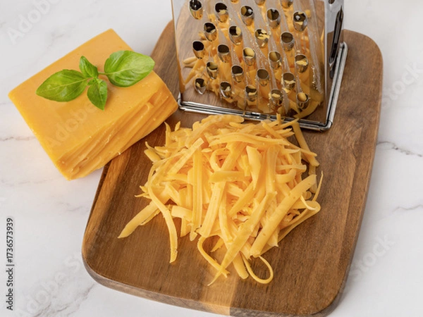 Fototapeta Whole and shredded cheddar cheese close-up. Heap of grated orange cheese and metal grater on a wooden cutting board. Milk protein, calcium concept.