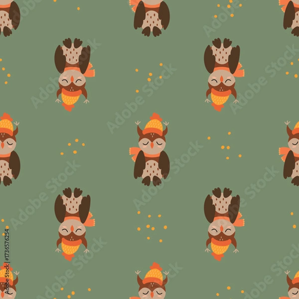 Fototapeta Seamless Pattern of Cartoon Owls on Green Background
