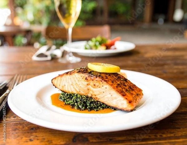 Fototapeta Grilled salmon with a lemon garnish