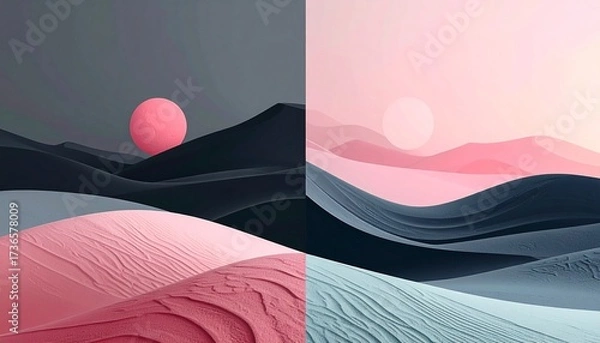 Fototapeta Abstract surreal landscape scene divided in two, featuring soft shapes and color gradients, creating a dreamy atmosphere. The scene includes a spherical shape, resembling the sun.