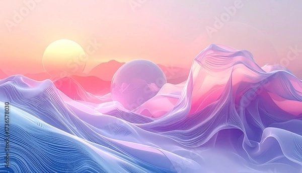 Fototapeta An abstract landscape of flowing waves in pastel colors with glowing orbs and sun setting