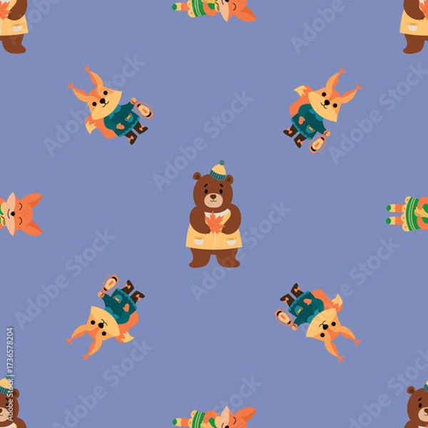 Fototapeta Seamless Pattern of Fox and Bear Characters