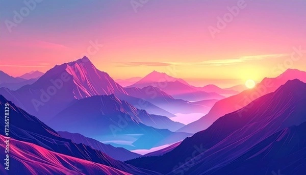 Fototapeta A breathtaking mountain landscape under a colorful sunset, evoking a sense of awe and serenity. The sun casts a warm glow over the peaks and valleys.