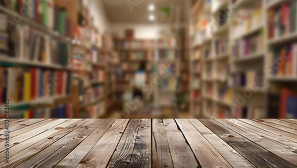 Fototapeta Blurred bookshelf interior with wooden planks in foreground