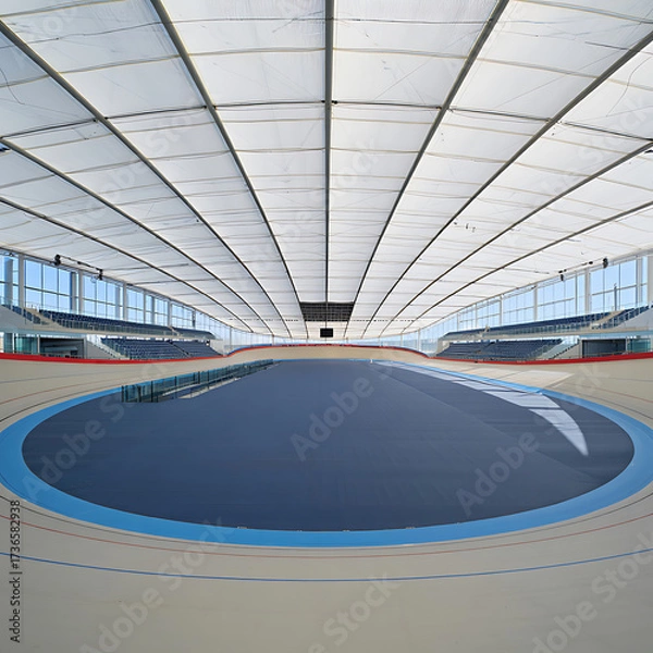 Fototapeta Indoor velodrome with blue track and white ceiling structure
