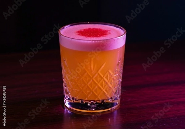 Fototapeta Neon-Lit Orange Sour Cocktail with Crimson-Dusted Pink Foam in a Crystal Glass