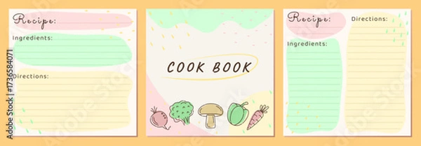 Fototapeta Cook book template card set with vegetable icons, light beige vector recipe pages for healthy food. Three cards in yellow, pink, green colors. Square blanks with recipe name, ingredients, directions
