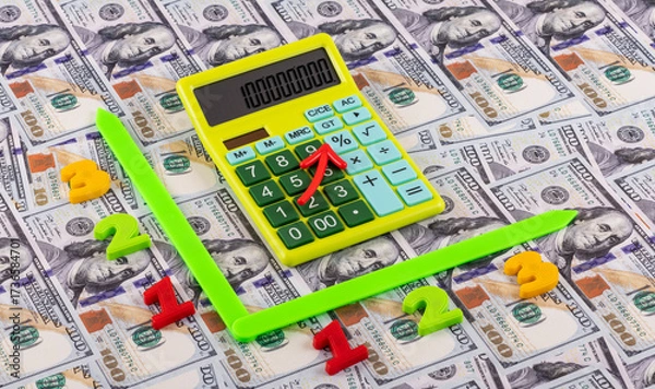 Fototapeta A financial chart and calculator against a background of $100 bills