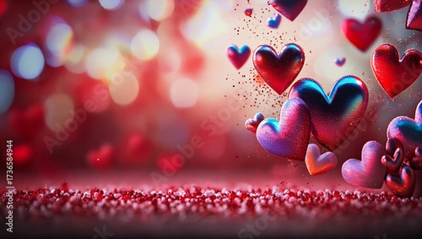 Fototapeta Festive heart shapes floating with glitter and bokeh lights