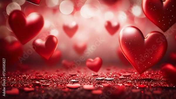 Fototapeta Red heart shapes floating in a bokeh background for valentines day