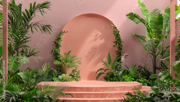 Fototapeta Tropical plants and a circular archway on a pink background