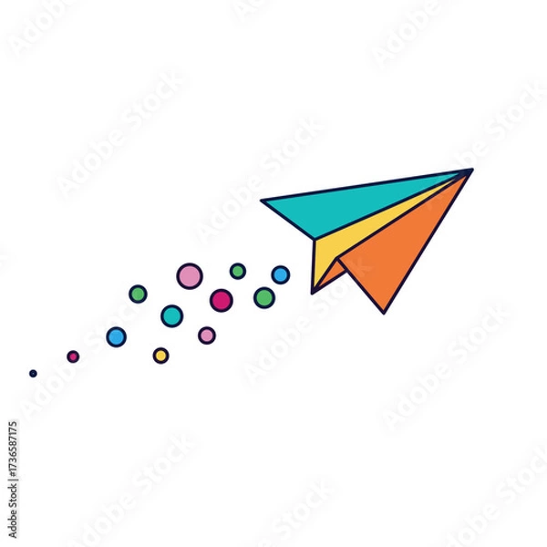 Fototapeta Paper airplane soaring with colorful dots against white background. Creative paper airplane design for playful ideas.