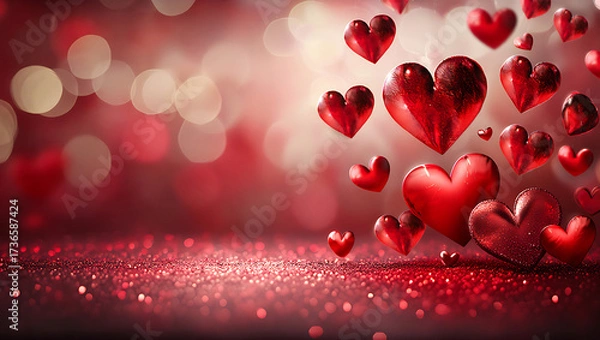Fototapeta Red hearts floating against a bokeh background, valentines day theme