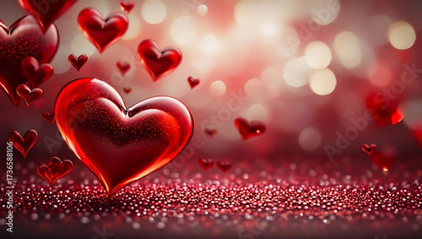 Fototapeta Romantic red hearts with glitter and bokeh lights background